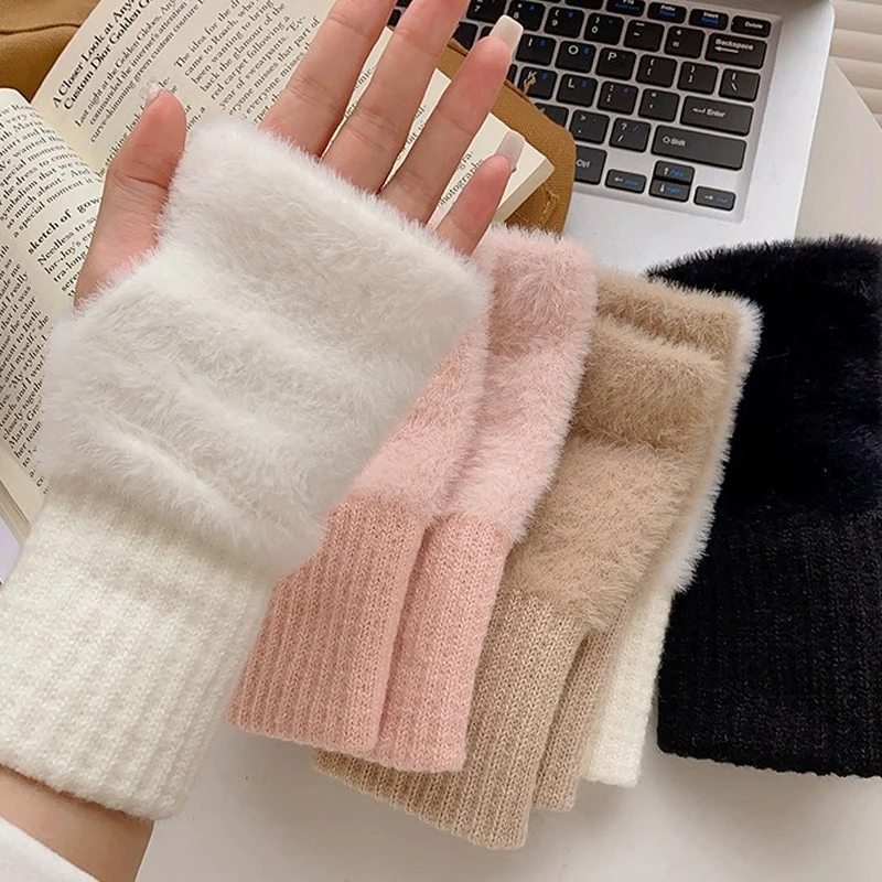 Plush Half-Finger Gloves for Women Winter Furry Warm Wrist Guards Fingerless Touch Screen Students Typing Writing Knitted Gloves