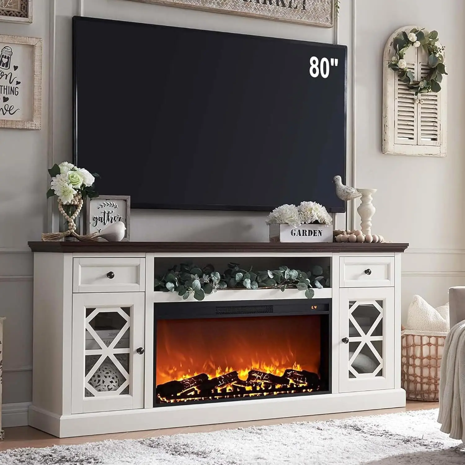 

Farmhouse Fireplace TV Stand w/ 36" Electric Fireplace for 80 Inch TVs,31" Tall Entertainment Center w/Drawer&Diamond Panel Door