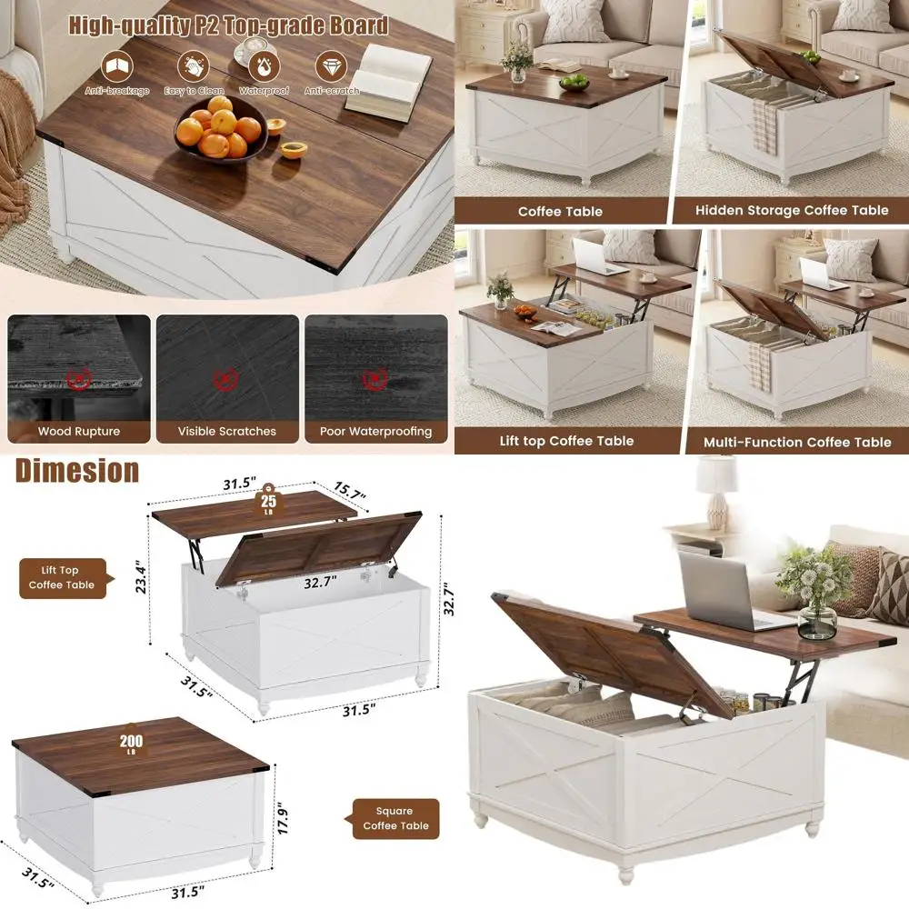 

Квадратный журнальный столик с подъемным верхом и местом для хранения вещей, белый, для гостиной и домашнего офиса