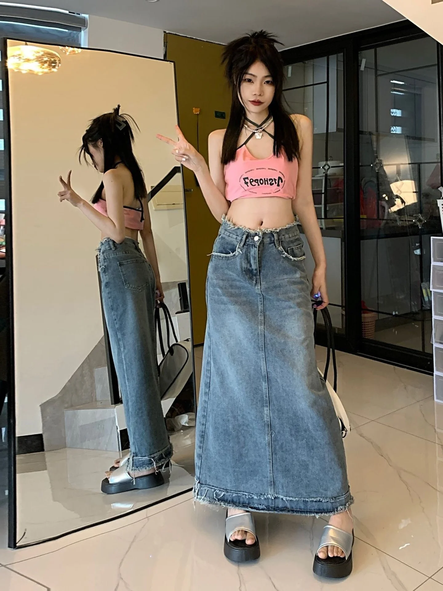 High Waist Denim  Skirt for Women Frayed Hem Vintage Style Simple Pear Shaped Body Design Versatile Long Skirt