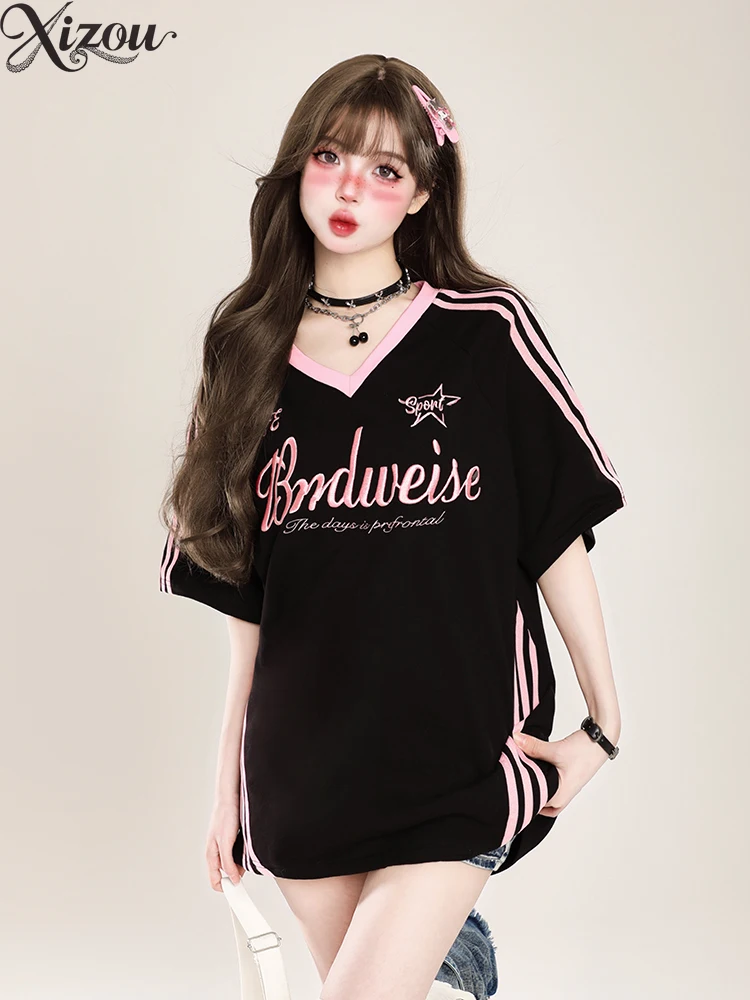 

Топы в стиле ретро с v-образным вырезом, свободная футболка с коротким рукавом для женщин, летние женские повседневные футболки, новые модные футболки для девочек