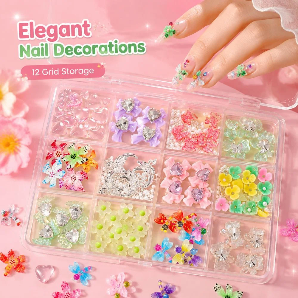 12Grids Multicolor Floral Nail Studs Butterfly Flower Moon Crystal Charms Ladies Daily Nail Decor Accessories