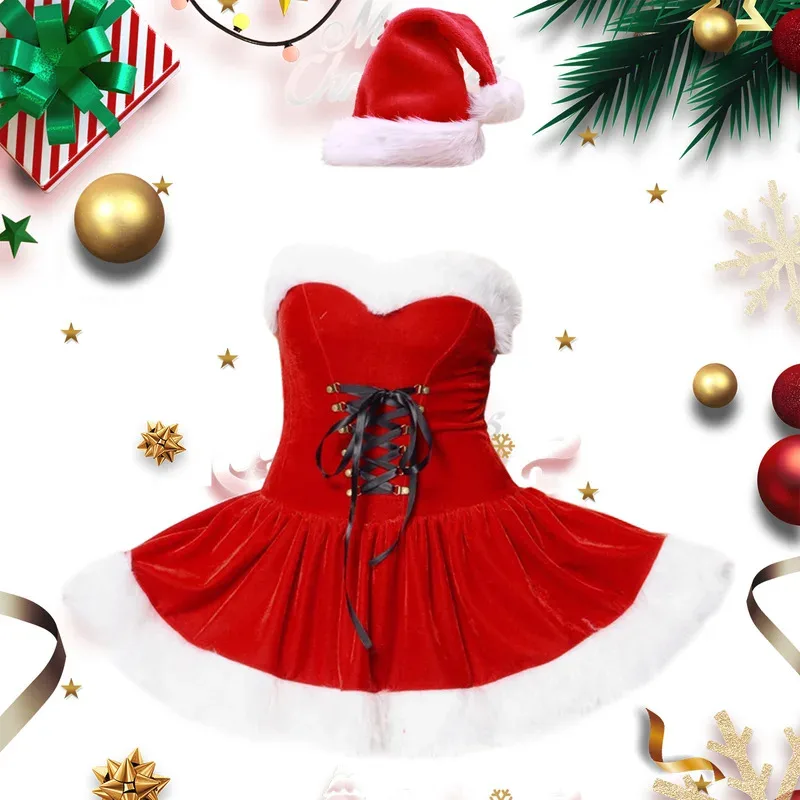 

2024 new Christmas dress Santa hat dress furred edge sexy strapless lace-up party dress