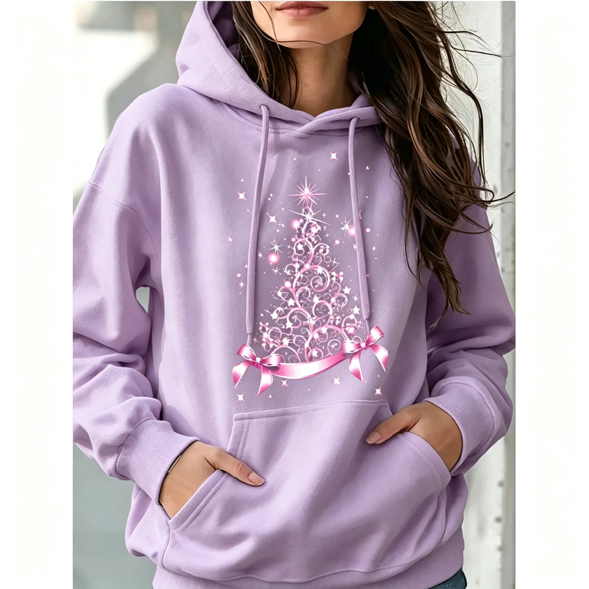 Women's Black Christmas Tree Print Pocket Hoodies with Sparkling Stars and Ribbon Bow 90s Casual Sweatshirts Hoody Y2k Clothes
