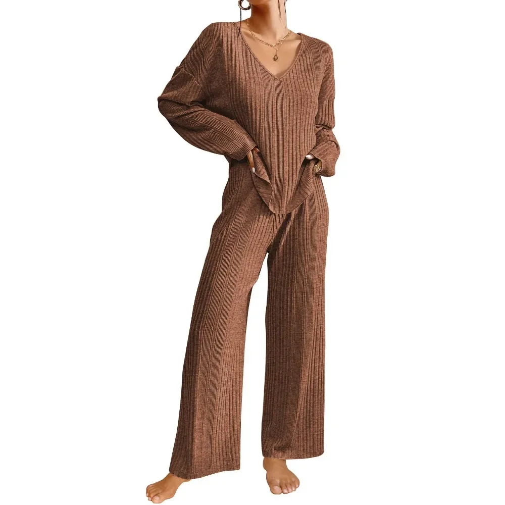 Women\'s Pajamas Suit Autumn and Winter Long Sleeved Pajamas Pants 2 Piece Set Sexy V Neck Knit Warm Soft Pyjamas Homewear Femme