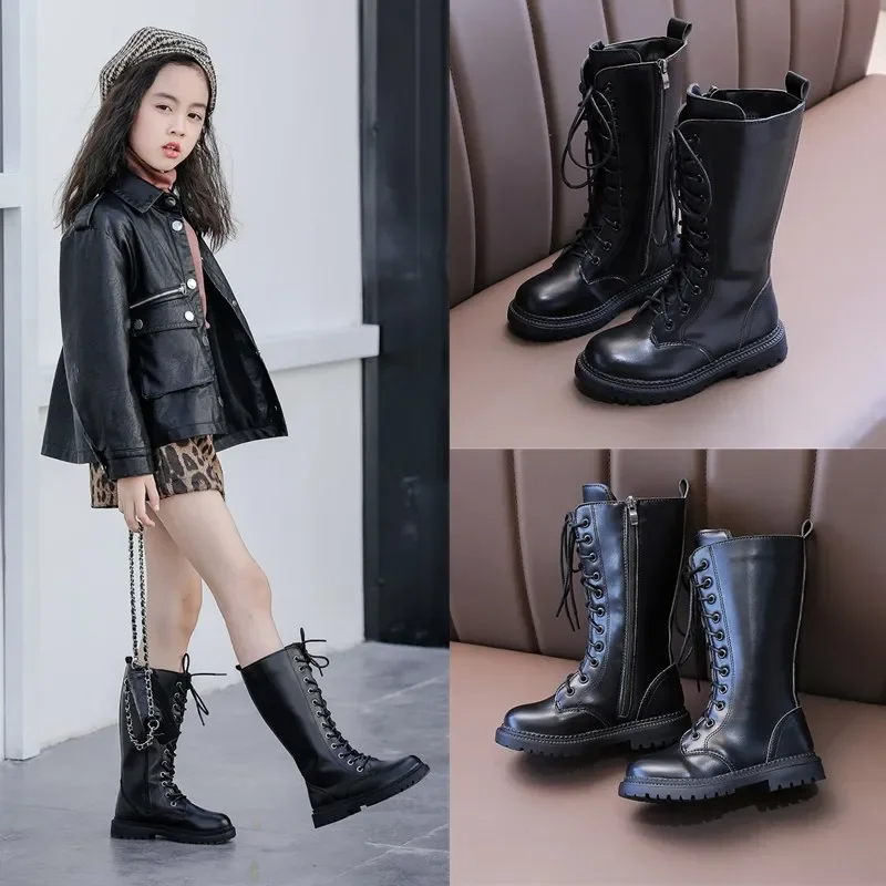 Girls Long Boots Black Fashion Children Motorcycle Boots Classic Kids Rubber High Warm Princess Boots 2024 Autumn Winter New