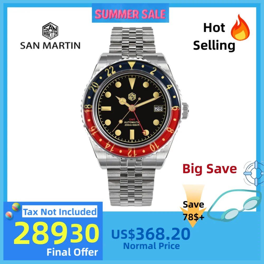 

San Martin 40mm NH34 GMT Diver's Watch For Men Sapphire Bezel Jubilee Bracelet On The Fly Adjust Clasp 20Bar Saat Erkek SN0005B