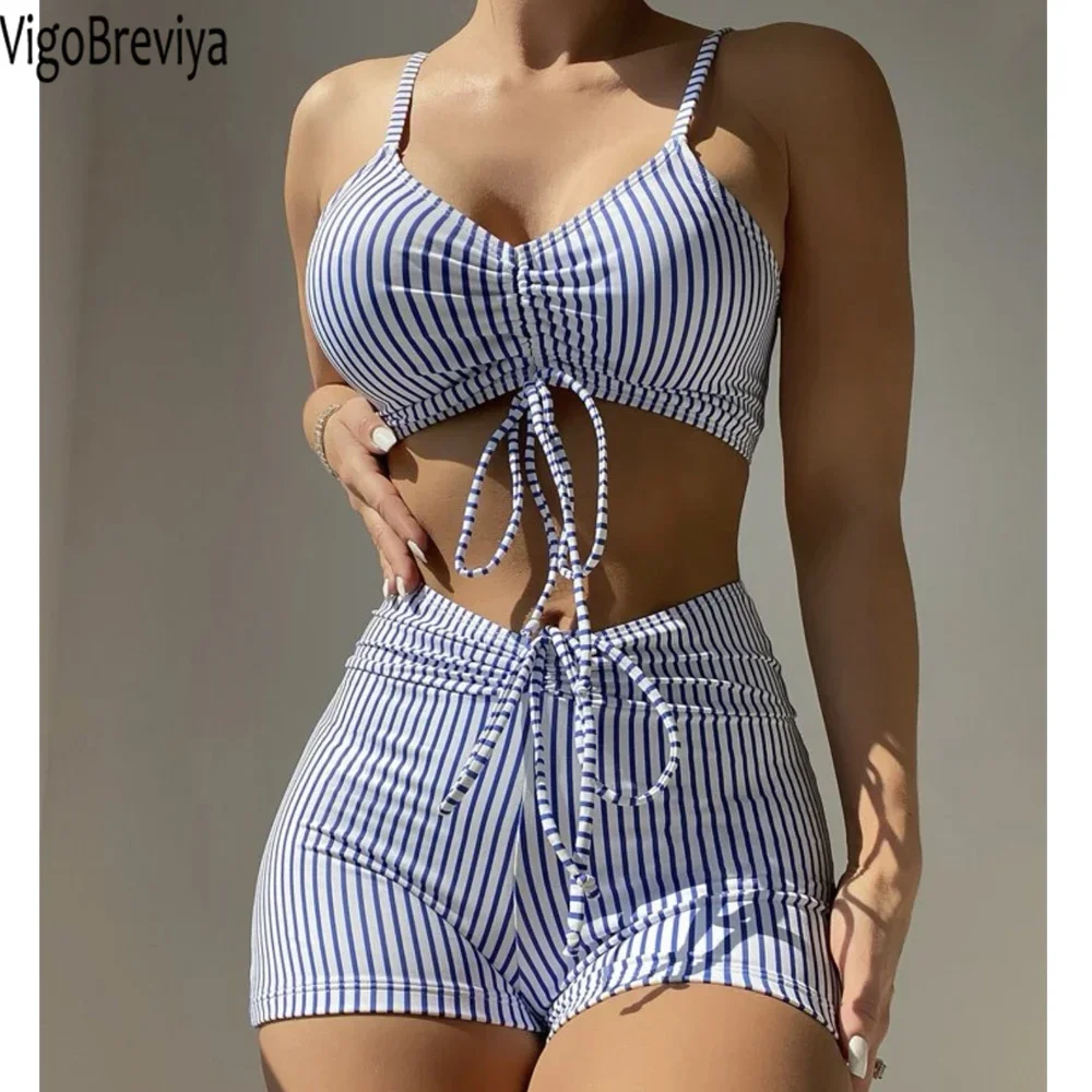 VigoBreviya 2025 полосатый купальник на бретелях женский сексуальный комплект бикини с высокой талией пуш-ап купальник с открытой спиной летний пляжный купальный костюм