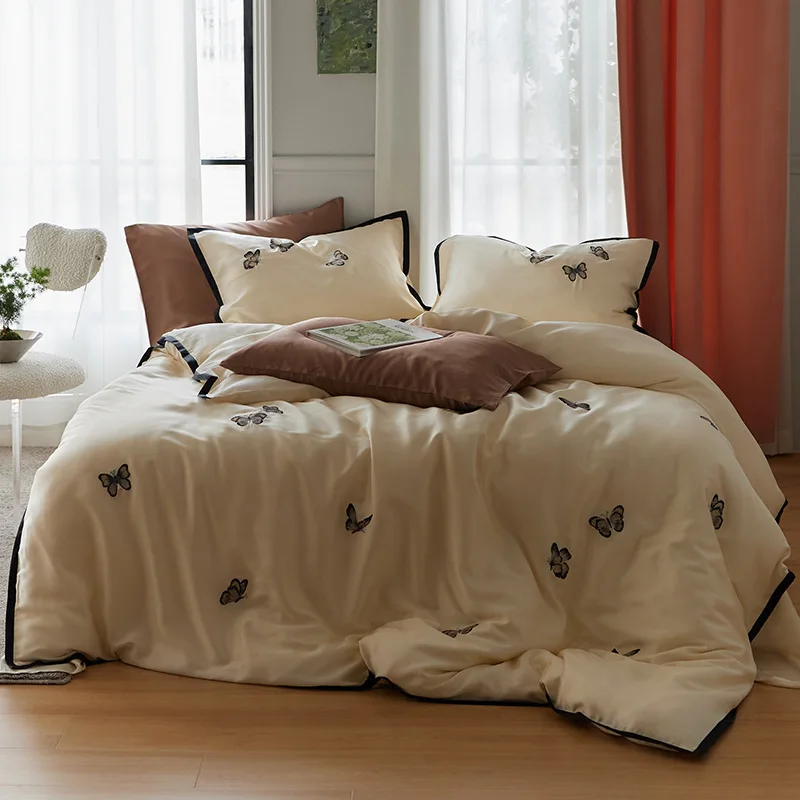 Light Luxury Premium Class A 100LF Lenzing Tencel Embroidery Four-piece Summer Ice Silk Sheet Quilt Cover