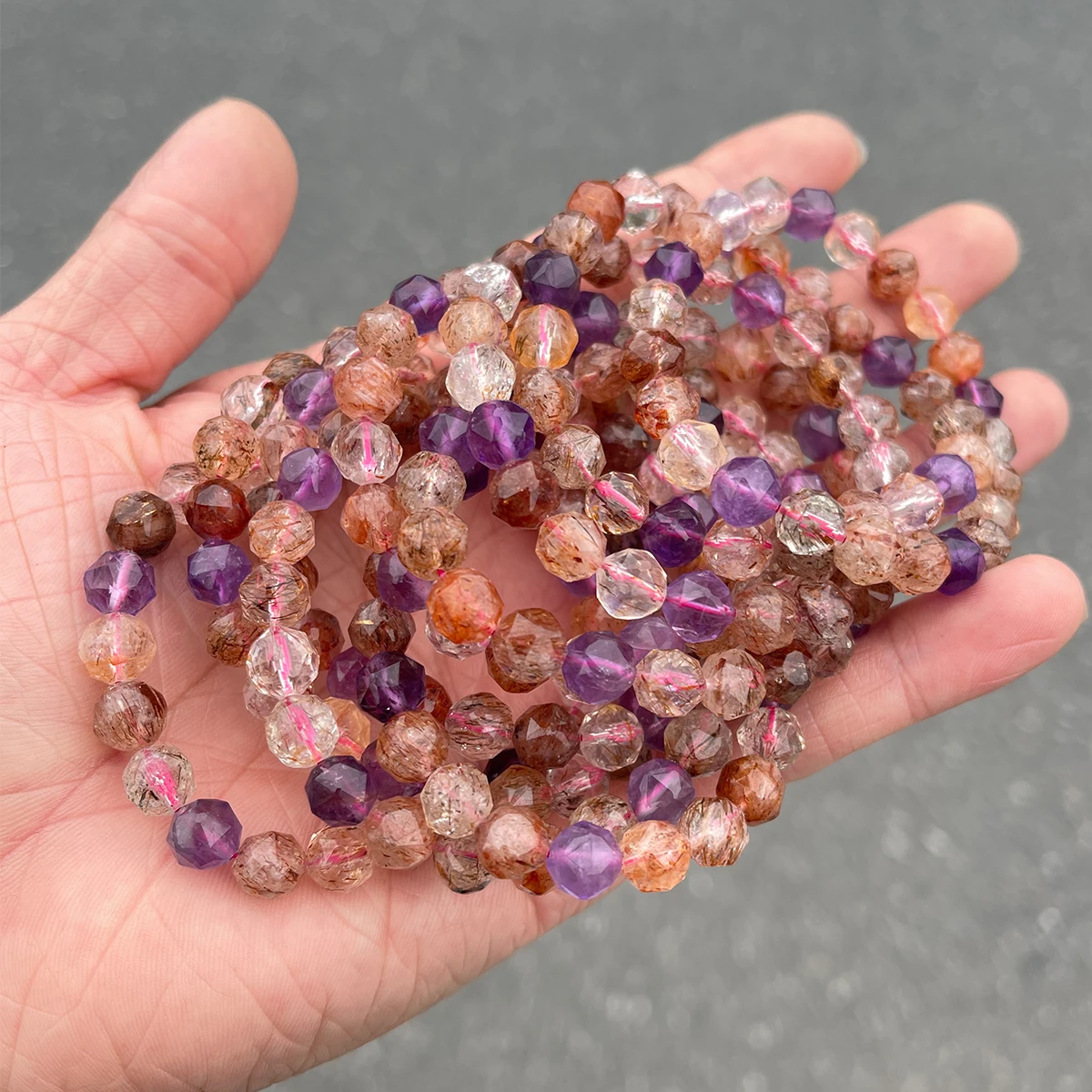 JD الحجر الطبيعي سوبر سبعة الكوارتز الأوجه حبة سوار المرأة جميلة شفاء كريستال تمتد أساور الأزواج اليد سلسلة #3