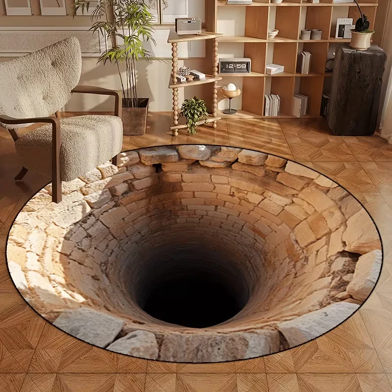 Round Ancient Stone Well Illusion Rug Medieval Ruin Cave Warm Light Pattern Decor Carpet For Living Room Gothic Home Decor