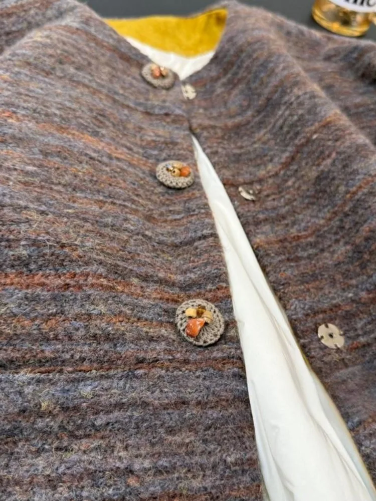 Elegante senhora moda listrado lã tweed jaqueta o pescoço único breasted inverno escritório feminino versátil para baixo casaco casual outerwear