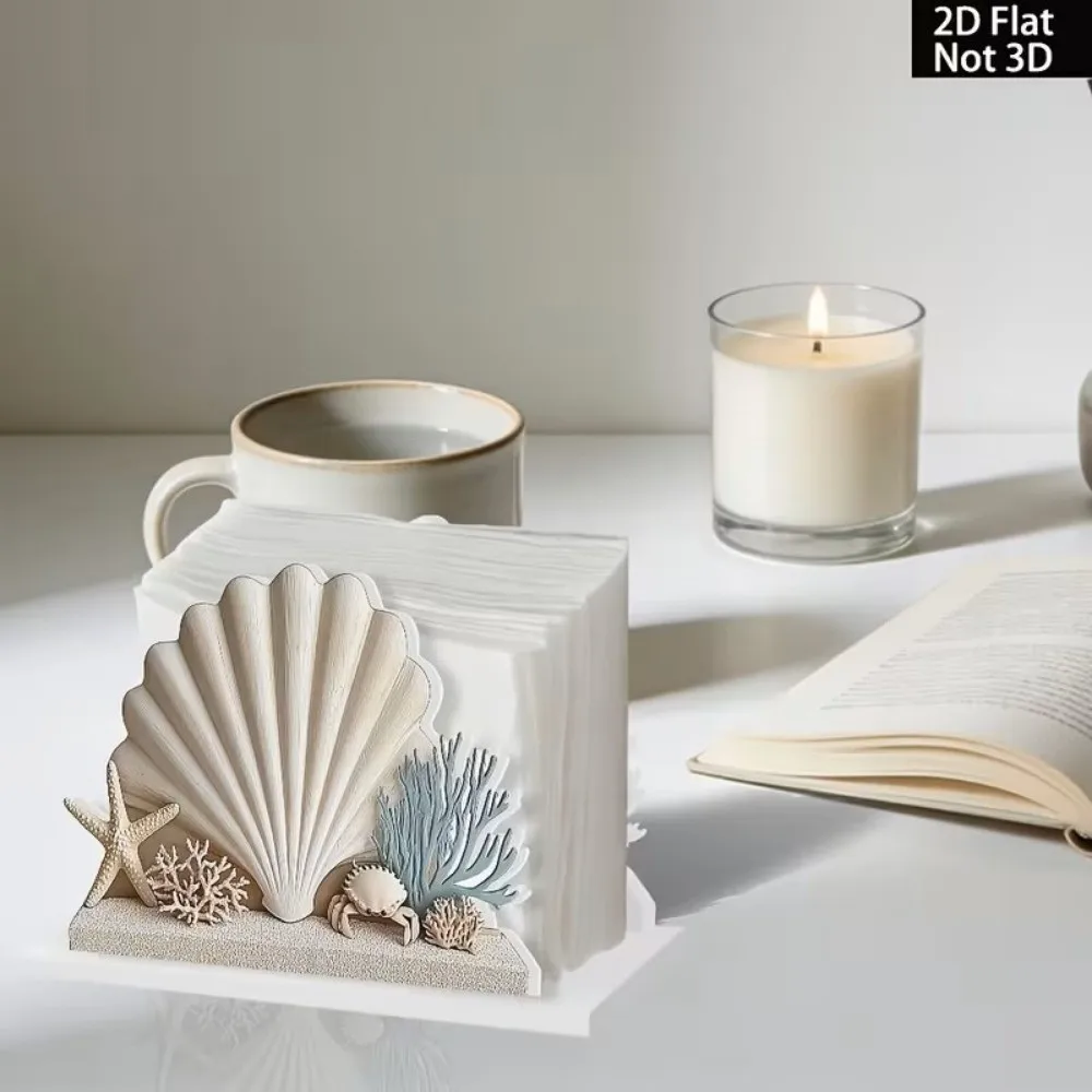 Home Decoration 2D Flat Tissue Dispenser Wooden Crafts Ocean Style Tissue Organizer Starfish Shell Crab Tissue Rack Dining Table