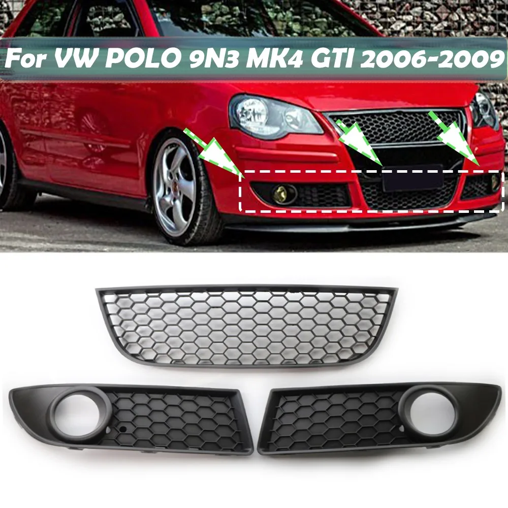 1 para przednich zderzaków samochodowych z dolnym światłem przeciwmgielnym, osłona kratki wentylacyjnej pasuje do VW POLO-GTI 2006 2007 2008 2009 MK4 9N3 ABS czarny