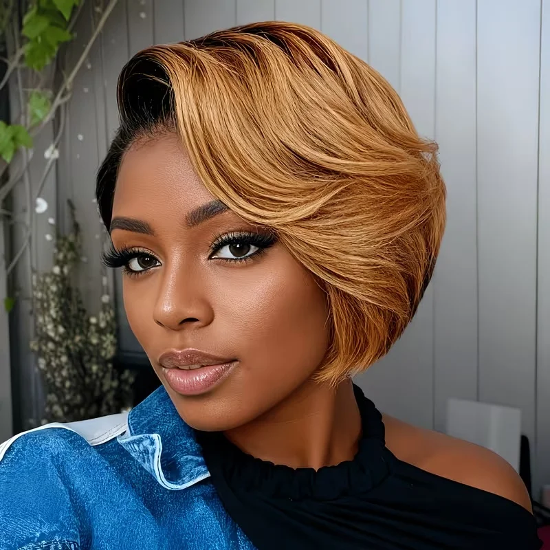 13x4 HD Lace Front Short Straight Bob Human Hair Wig for Women, 1B/30 Ombre Honey Blonde, 180% Density Pre Plucked Lace Frontal Wig