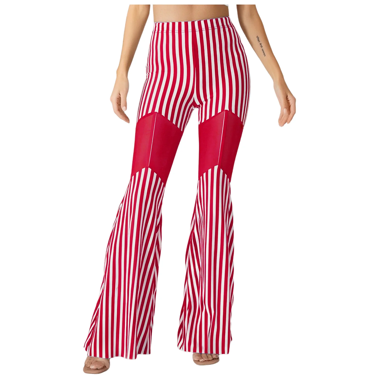 

Women Belly Dance Pants Clubwear Sheer Mesh Patchwork Bell Bottom Pants Trouser for Halloween Circus Clown Cosplay Indian Dance