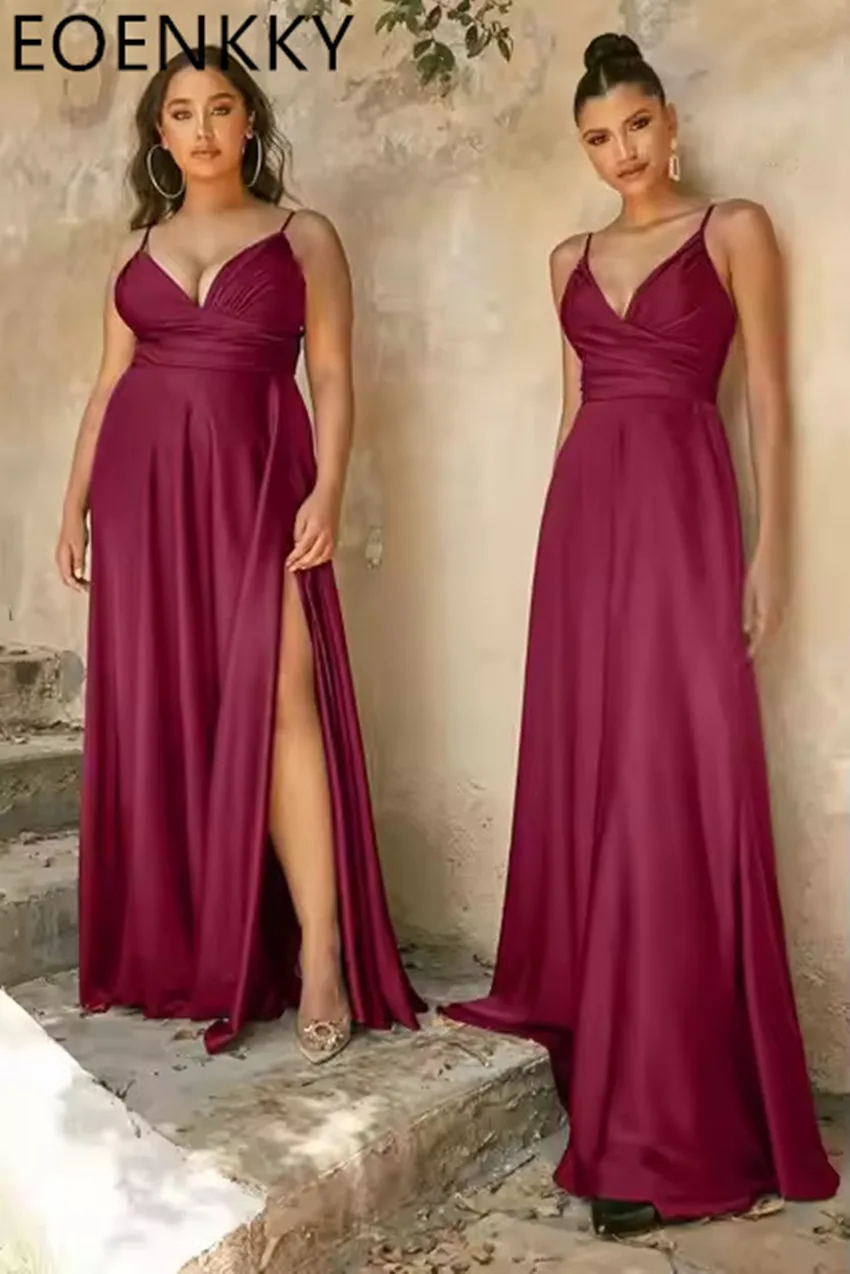 Customized A-Line Wedding Bridesmaid Dress Satin Spaghetti V-Neck Side Slit Prom Gown Formal occasions Evening Dresses for women