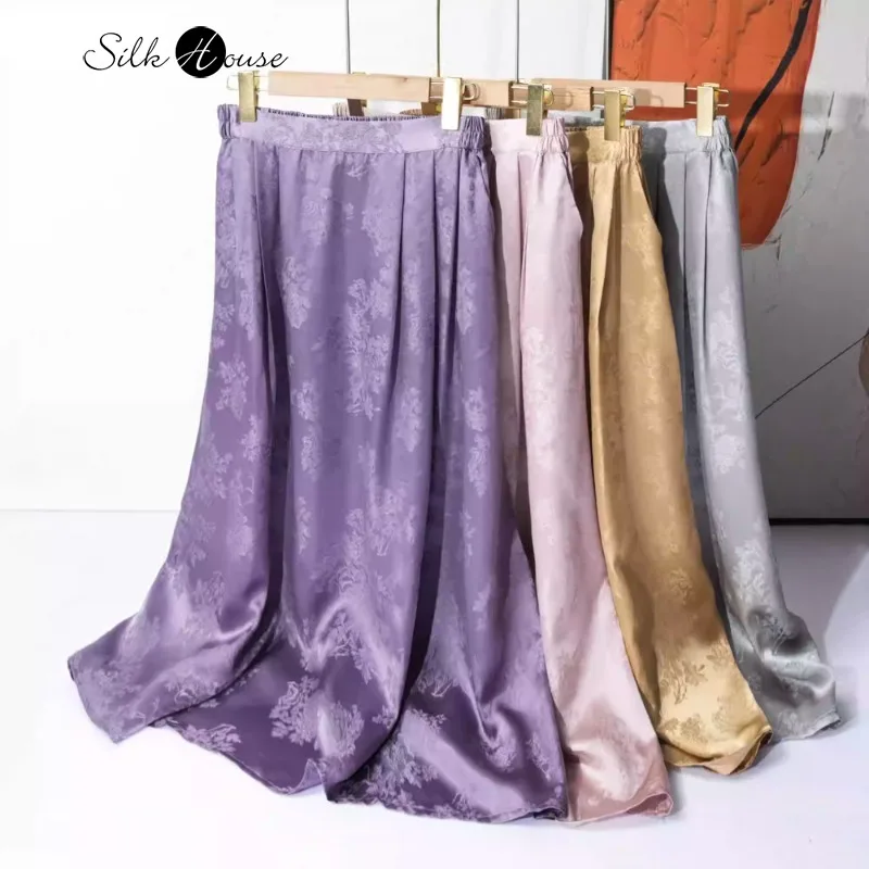 2024 Women's Fashion Summer New High Luxury 100% Natural Mulberry Silk HuaLuo Jacquard Satin Elastic Waist Solid Color Skirt