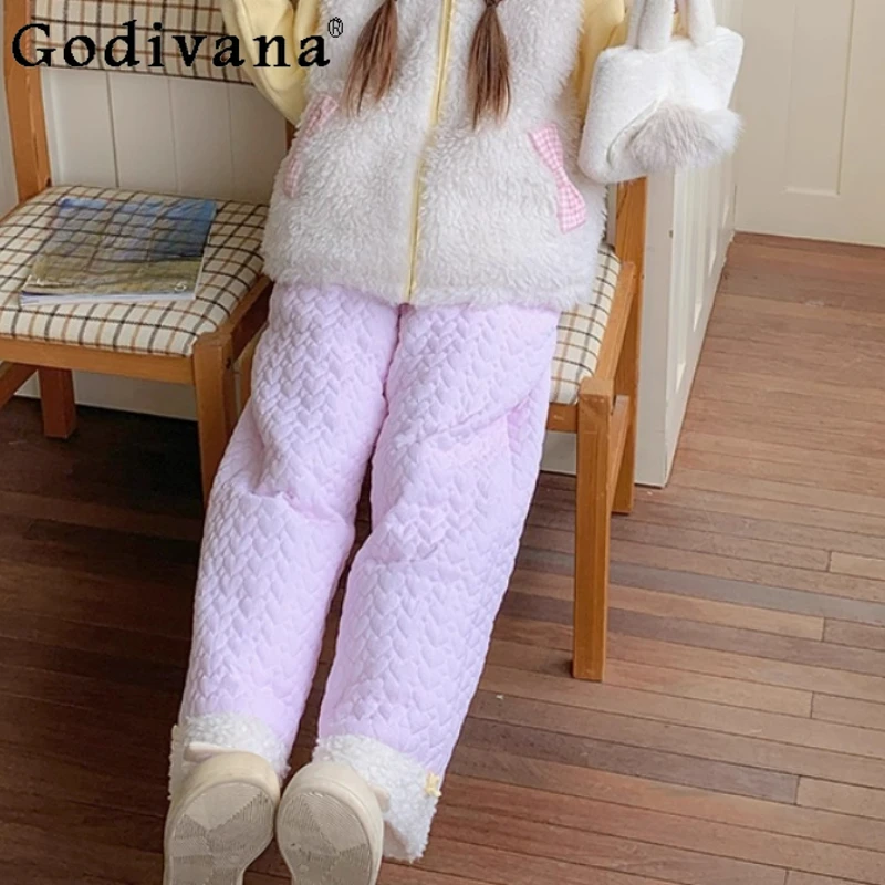 

2025 Winter New Fashion Loose Versatile Pink Solid Color Trousers Comfortable Elastic Waist Sweet Girl Age-reducing Warm Pants