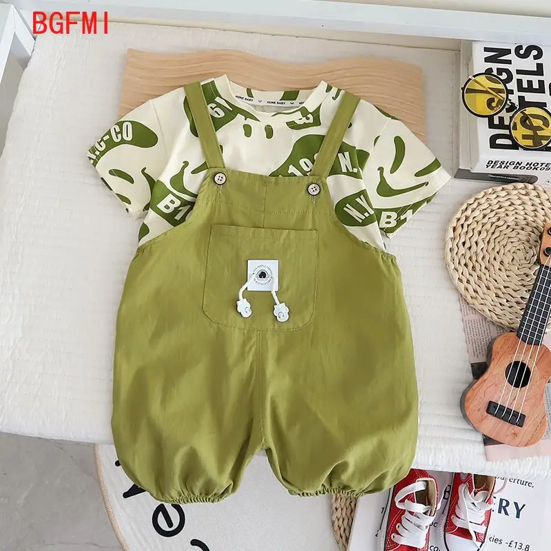 

Korean Baby Outfit Set Boys Carrying Pants Girl Outfit Strap Pants Baby Summer Clothes Kids Rompers Printed T-shirt 2 Piece Set