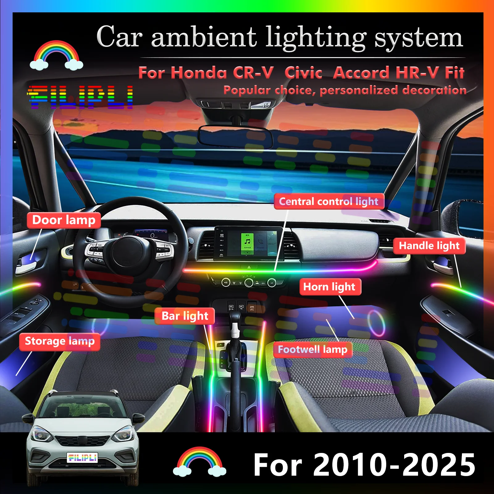 

For Honda CR-V Civic Accord HR-V Fit Vehicle Interior Decorative Lights RGBW LED Strip 4-in-1 Mixing, 5050 Chips, High Brightnes
