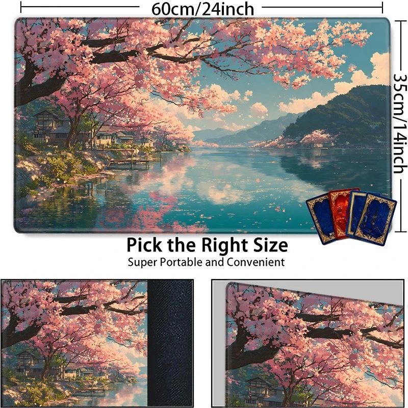 Scenic Cherry Blossom Lake Game Pad, with a non-slip and durable surface, is perfect for CCG, TCG, RPG games and as a decorative