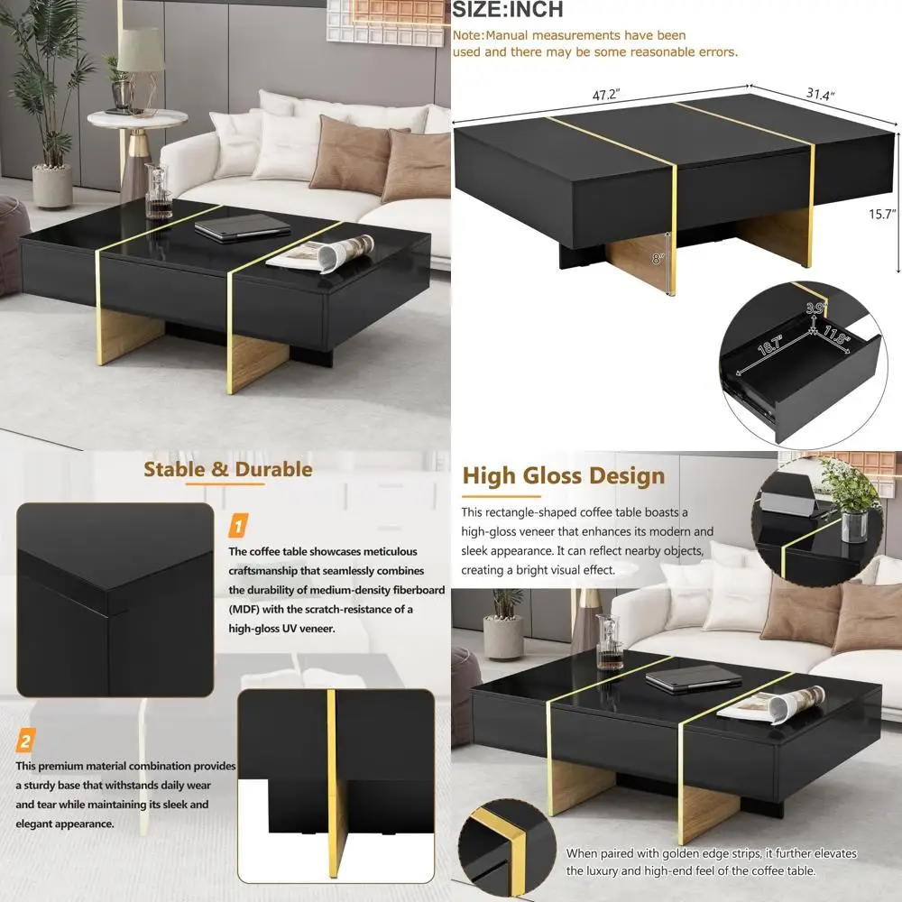 

Merax 47.2'' x 31.4''Minimalist High Gloss Coffee Table with 2 Drawers, Multi-Storage Rectangle Sofatable with Golden Wood Grain