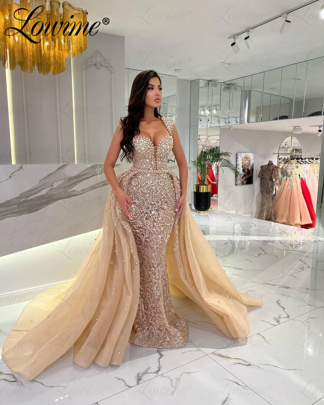 Robe De Soiree Luxury Beaded Evening Dress Customized Arabic Occasion Prom Dresses With Detachable Train Middle East Party Gowns