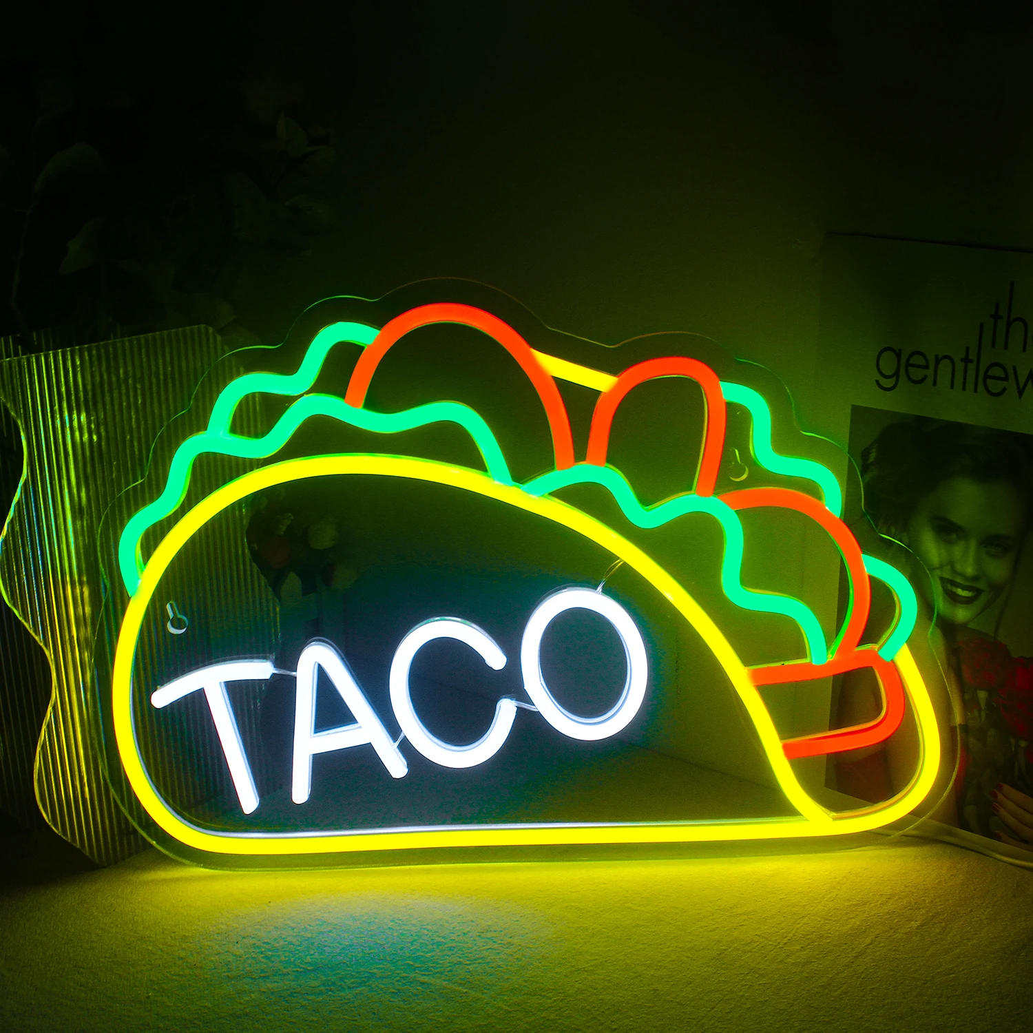 Tacos Shaped Neon Sign USB Powerd LED Signs Wall Decor Yellow Neon Lights for Pizzeria Kitchen Restaurant Party Pub Decor