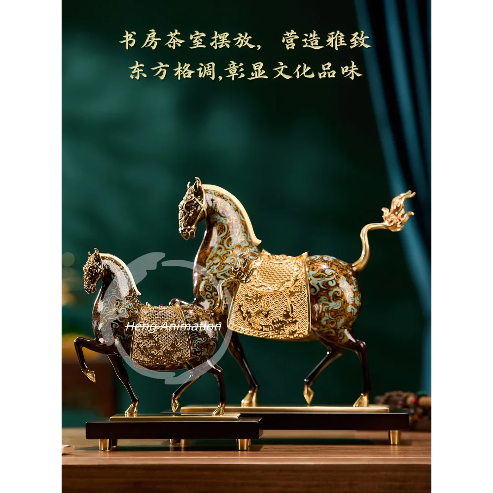 In Stock Big Copper Family Brass Horse To Golden Saddle Chu Lacquer Tang Horse Ornament Home Office, Jewelry GiftsCollect