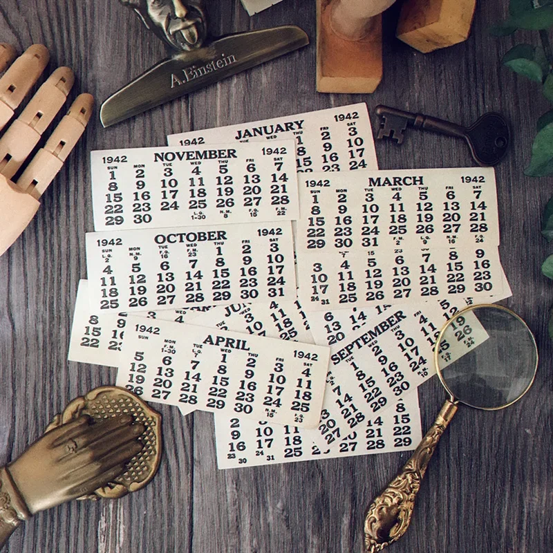 12 Pcs Retro Monthly Calendar Vintage Stickers Junk Journal Ephemera Number Label Album Aesthetic Sticker Scrapbooking Material