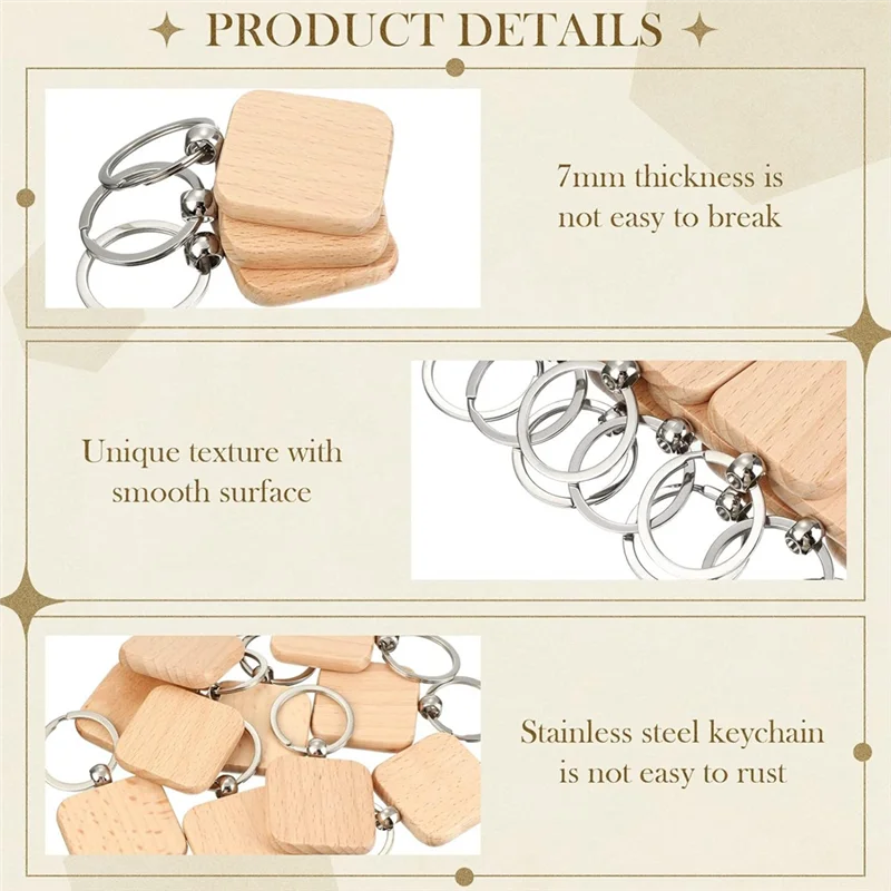 

100PCS Wooden Keychain Blanks Wood Key Chain Bulk Unfinished Wooden Engraving Key Tag Ring For DIY Gift Crafts(Square) Durable