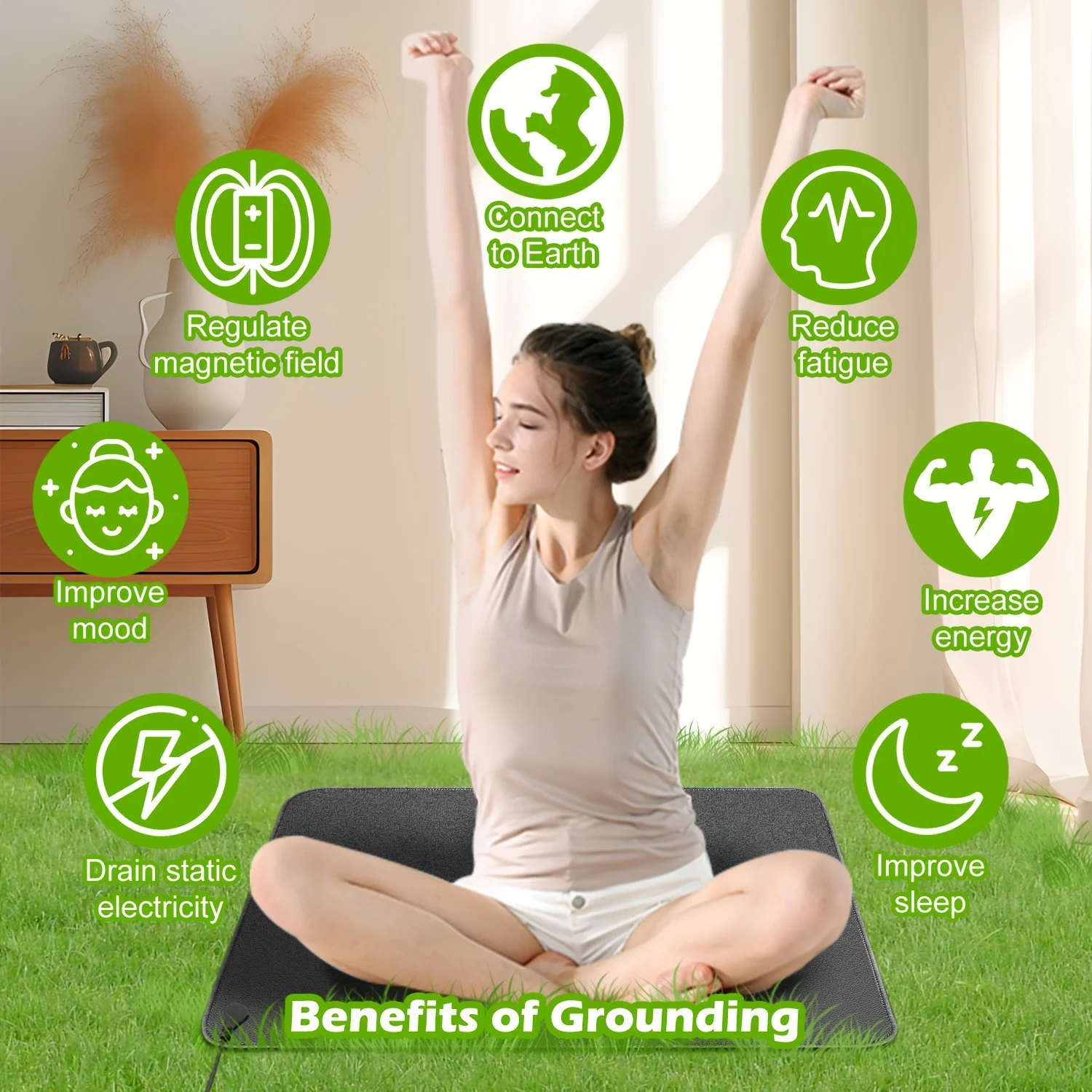Grounding Mat, Earthing Mat, 15ft Cord, Carbon Fiber, Sleep Pad, Stress Relief, Anti Static Mat, Office Chair Mat, Yoga Mat