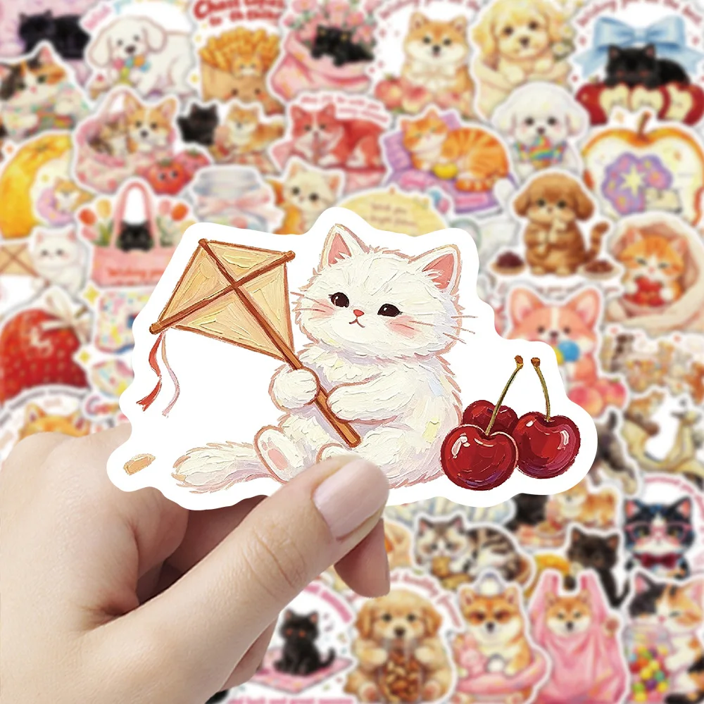 50 PCS Oil Painting Style Cute Cat Dog Pet Stickers Pack Decorate Luggage Storage Box Laptop Scrapbook Non Repeated Decals