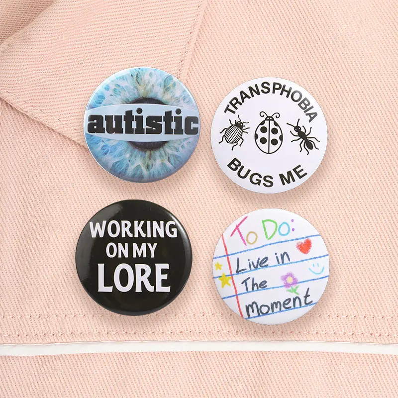 Creative No AI Art Meme Tinplate Soft Button Pin Live In The Moment Transphobia Bugs Me Autistic Brooch Jewelry Accessory Badges 6