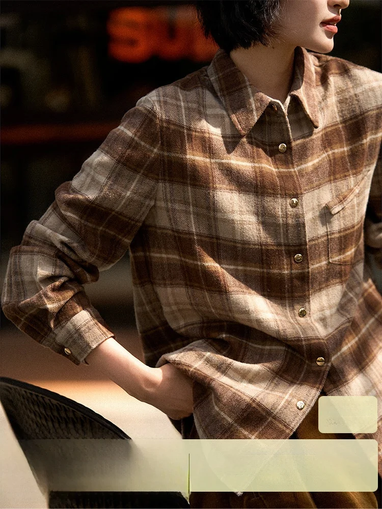 

Khaki Plaid Wool Blend Long Sve Collared irt 26 Autumn Winter American Sle Loose Fit Polyester Fiber Resistant to Defo...