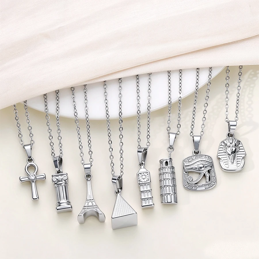 1pc 316 Stainless Steel Pendant Necklace 3D Famous Building Rhinestone Cross Charm Choker Jewelry Accessories 10 Options Choice