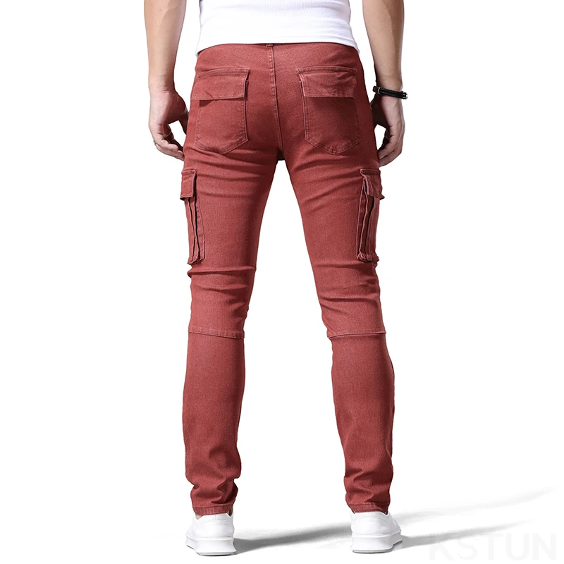 KSTUN Street Jeans elastici da uomo Pantaloni cargo in denim rosso Lavaggio tinta unita Multi tasche Pantaloni casual Slim Fit Abbigliamento quotidiano Jogging