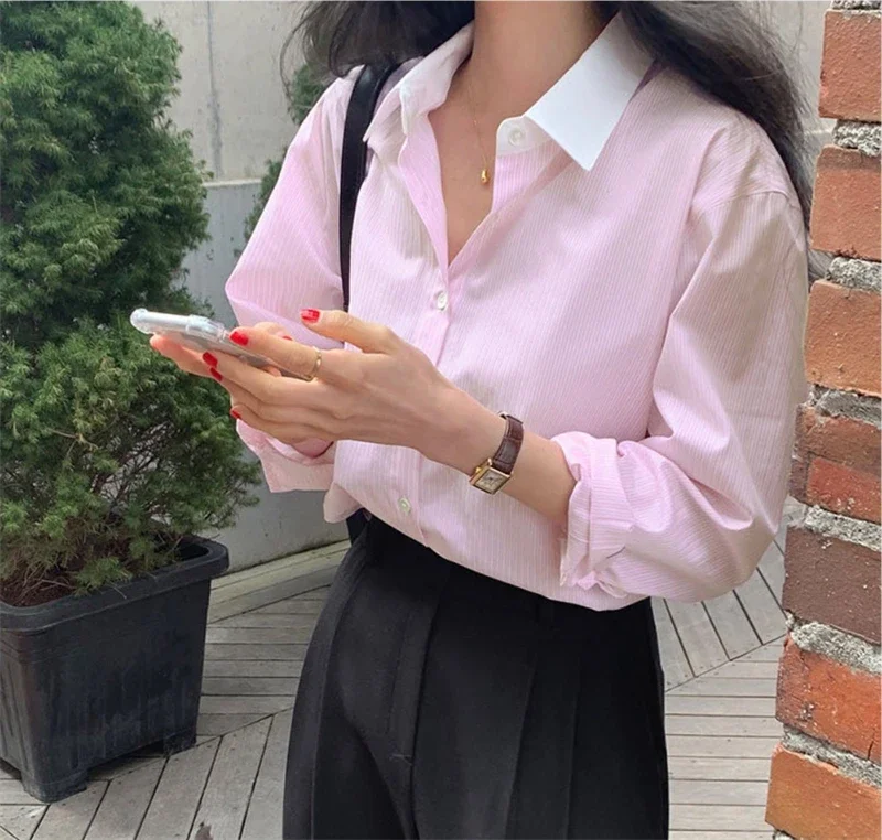 Casual Striped Pink Blue Women Shirt Chic Tops Spring Autumn Long Sleeve Loose Blouses Casual Korean Streetwear blusen damen