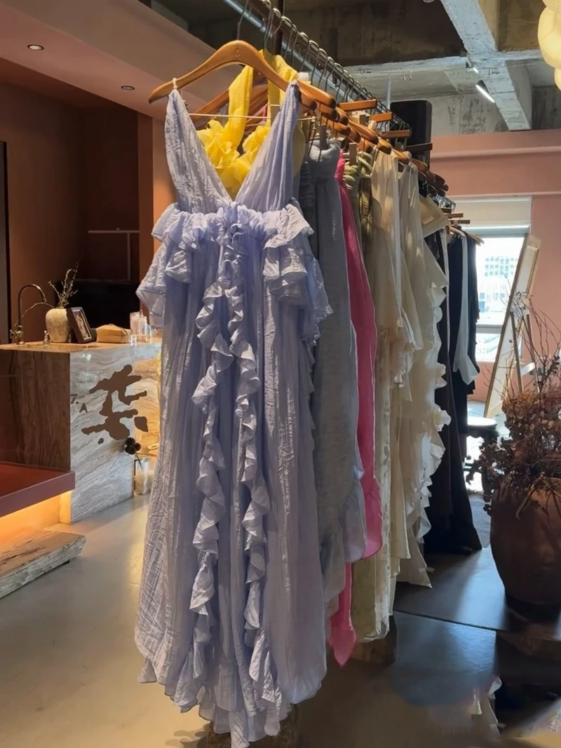 섹시한 노란색 휴가용 드레스 딥 V 백리스 생일 선물 부드러운 폴리에스터 여름 하이웨이스트 A라인 스커트 민소매 V넥 드레스