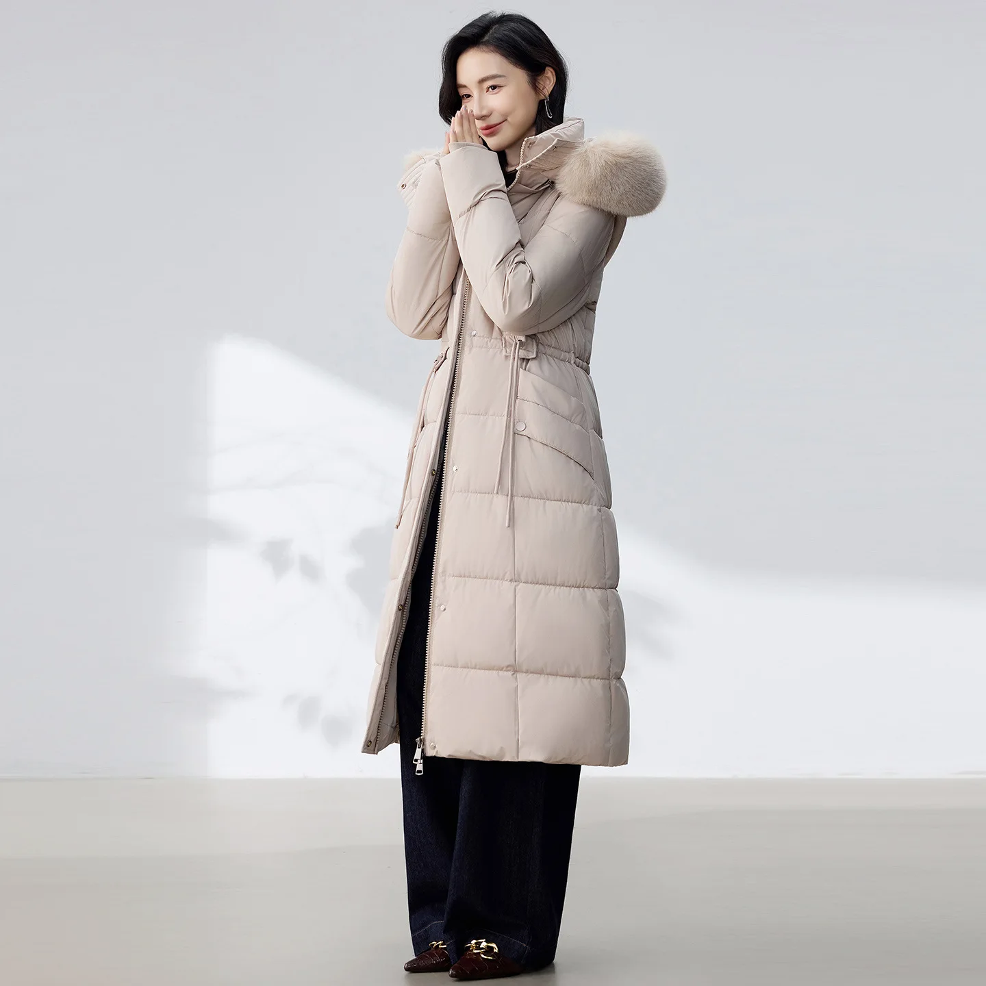 Ladies' Hooded Coat Autumn Winter Casual Warm Long Large Fur Collar Cotton Coat Over-the-Knee Loose Thickened Hooded Jacket