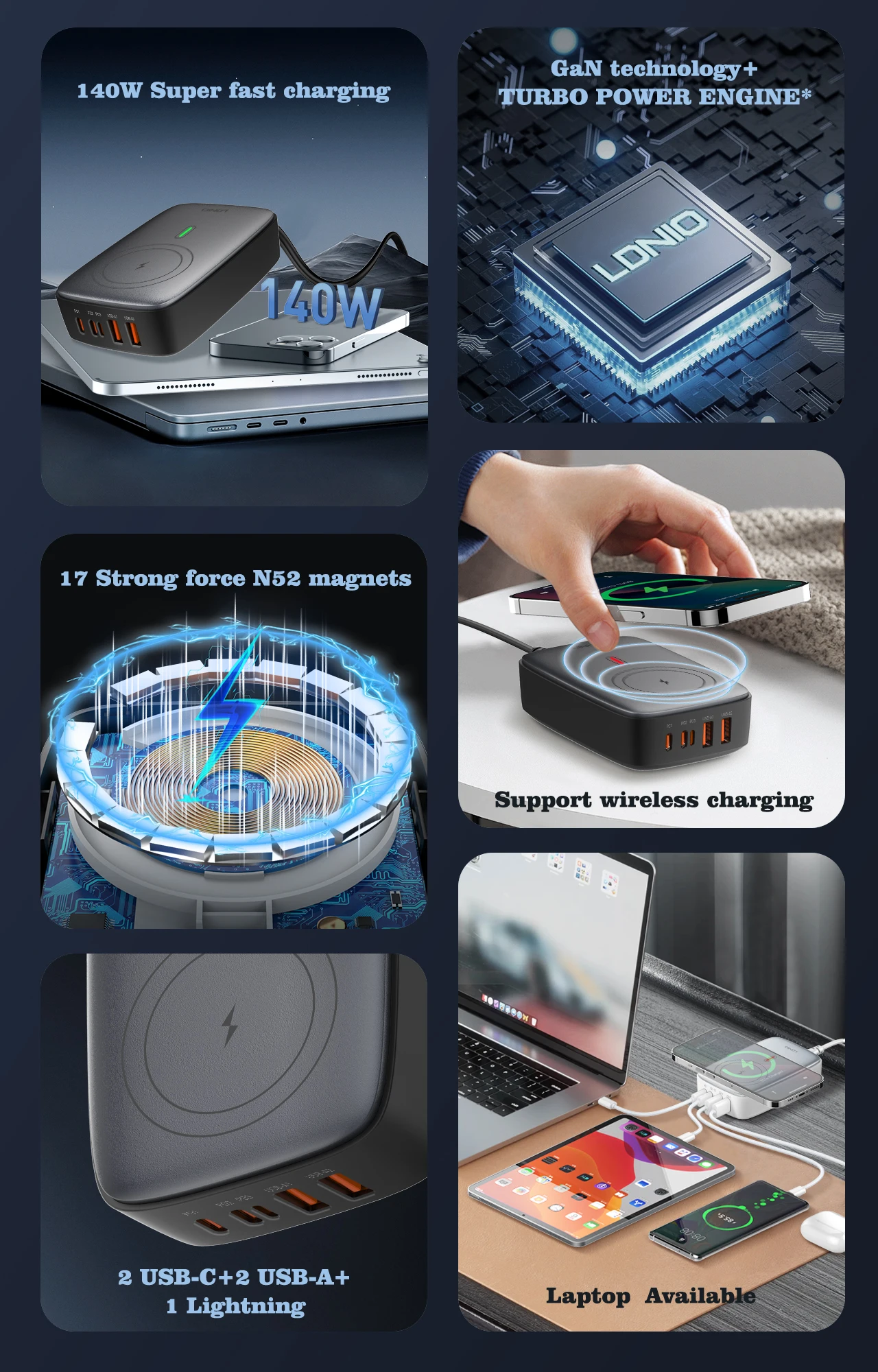 LDNIO 140W 6 in 1 Wireless Charger GaN 65W USB C Charger PD QC USB A Fast Charging Station 6 in 1 Desktop charger Extension cord