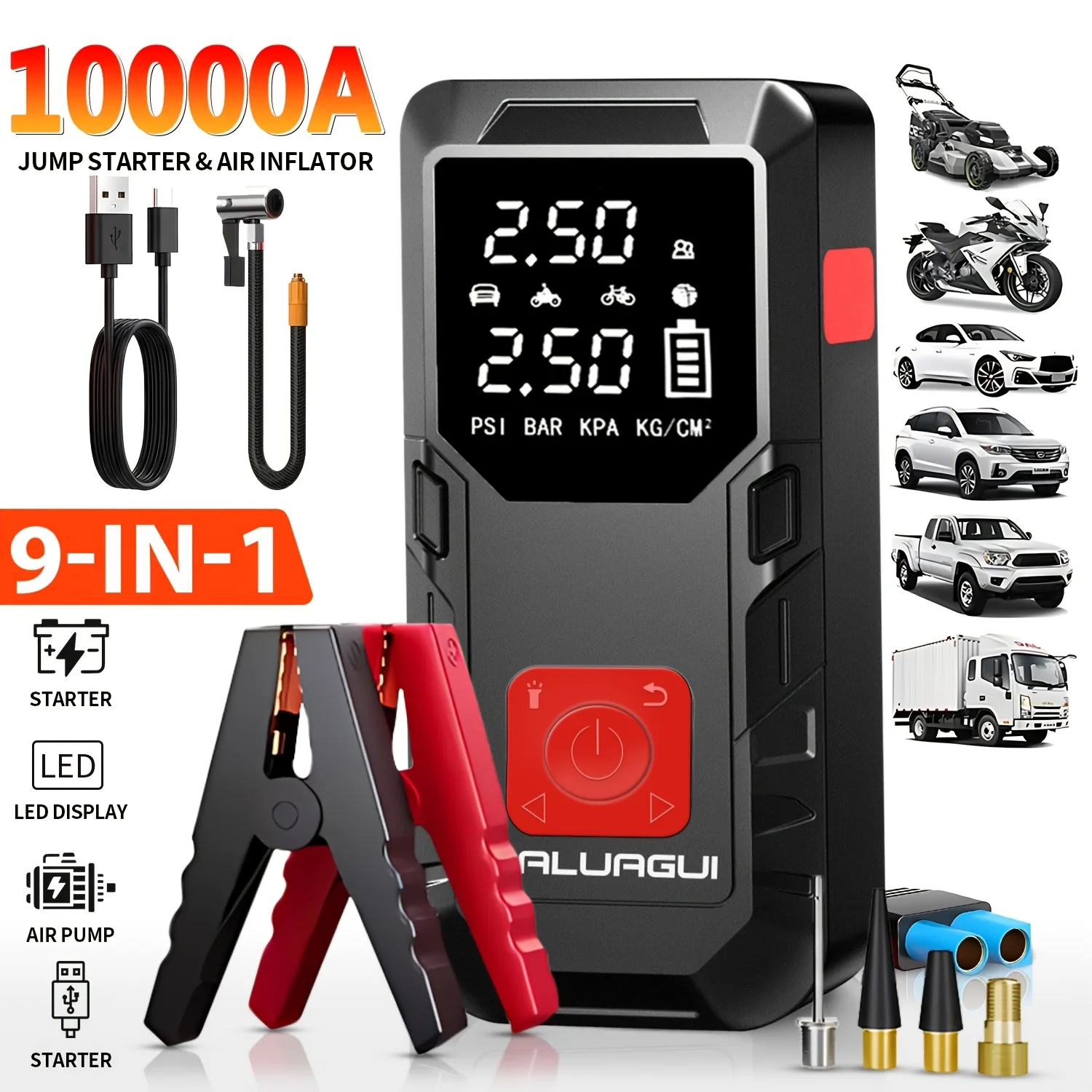 

10000A 9-in-1 Multifunctional Emergency Jump Starter with Air Pump, 150PSL Portable Car Battery Booster, Digital Tire Inflator