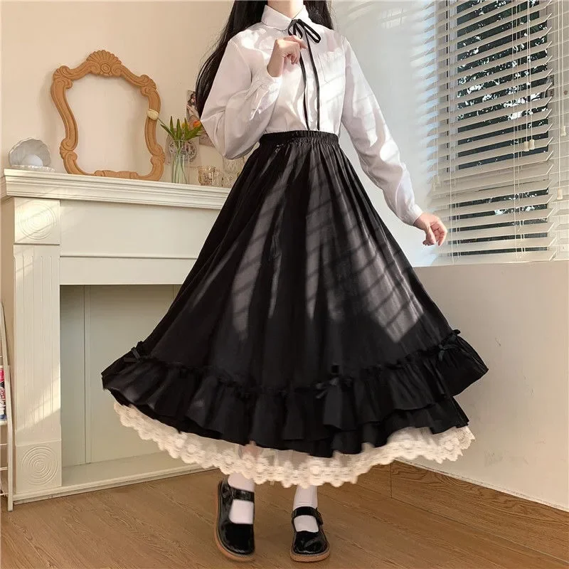 

Solid Color Double Layer Vintage French Ruffled A-line Skirt Hepburn Style Black White Half Skirt Female Long Skirts Japanese