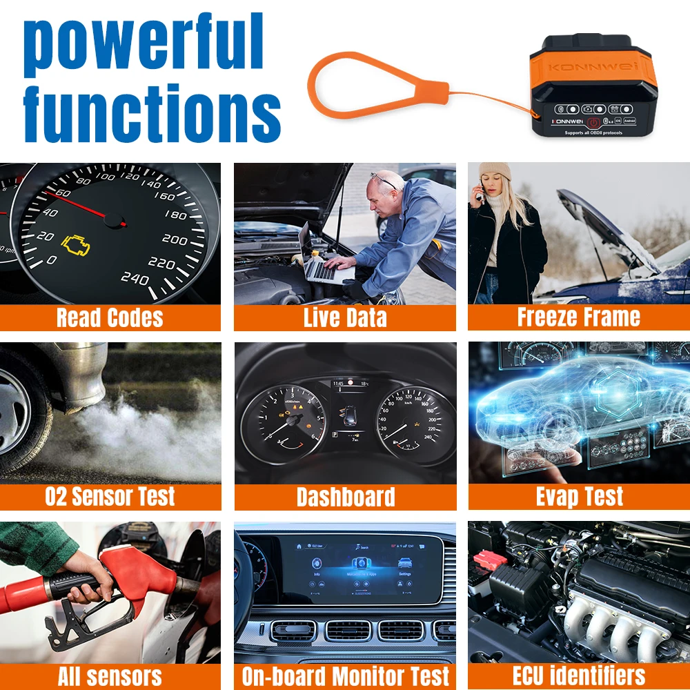 KONNWEI KW906 Bluetooth 5.0-5.2 ELM327 V1.5 OBD2 Scanner Read Clear Fault Codes for iOS Android 1996+ Cars Diagnostic Tool