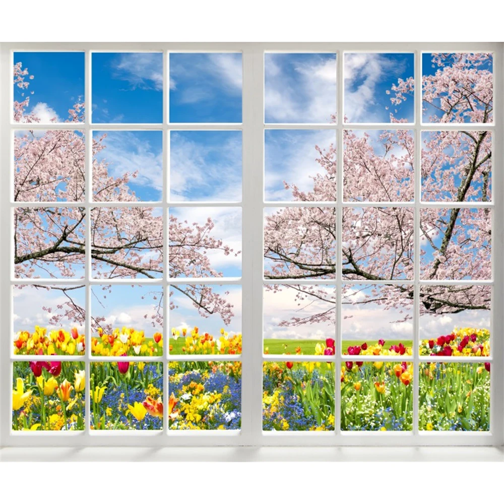 Spring Window Scenery Photography Backdrop White Black Windowsill Curtain Room Wall Decor Background Photographic Prop Photozone