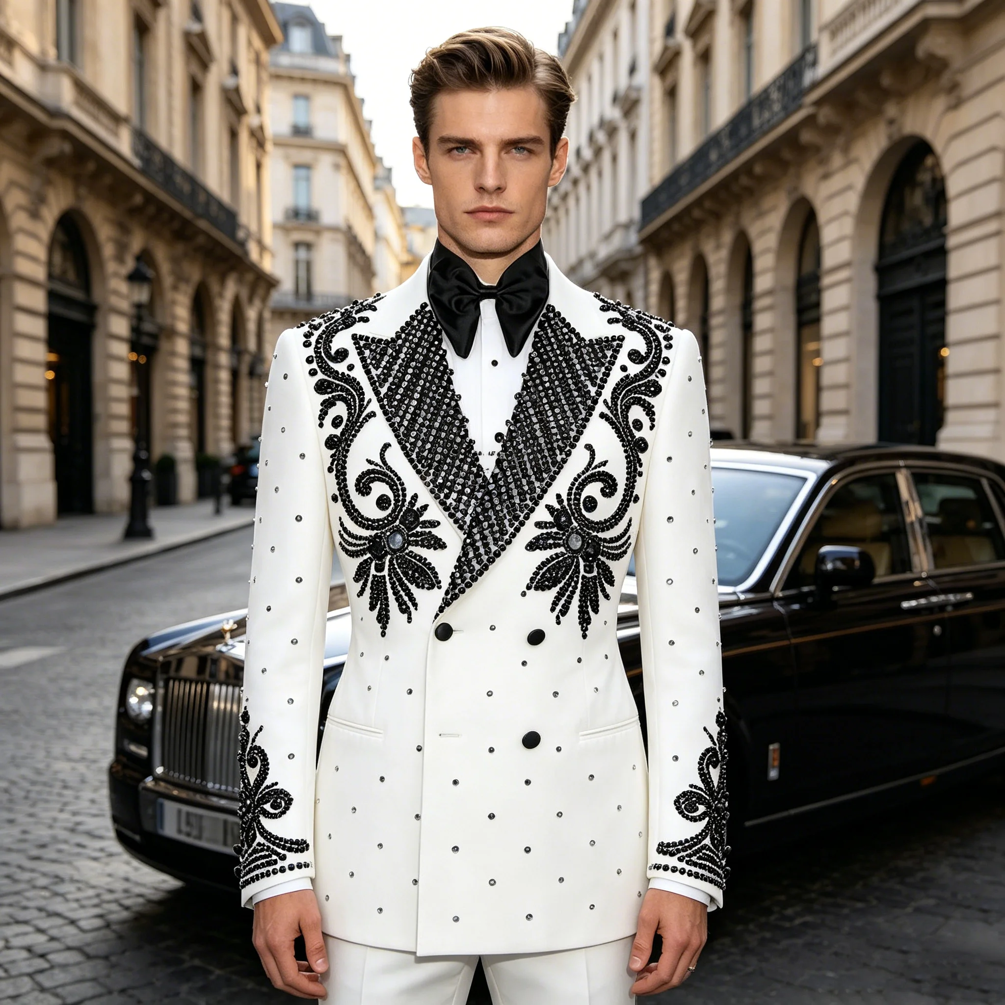 Exclusive Wedding Suit For Man Black Stones Beaded Prom Blazer Customized 2 Piece Sets Groom Tuxedo Attire Slim Fit Men's Outfit