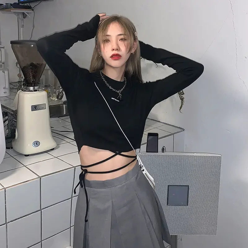 

Long Sleeve T-shirts Women Design Sexy Crop Ins Prevalent Bandage Tops Harajuku Ulzzang Street Spring Female Ropa Hot Skinny New