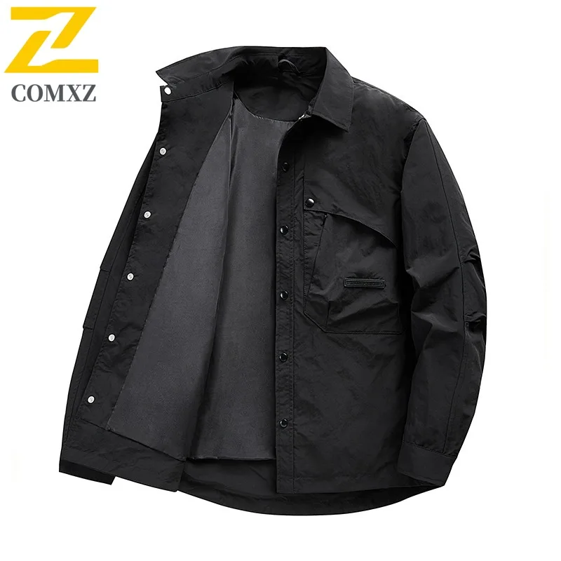 

COMXZ 2025 Mens Outdoor Hiking Jacket Loose Fit Hooded Lightweight Windbreaker Windproof Waterproof Casual Coat