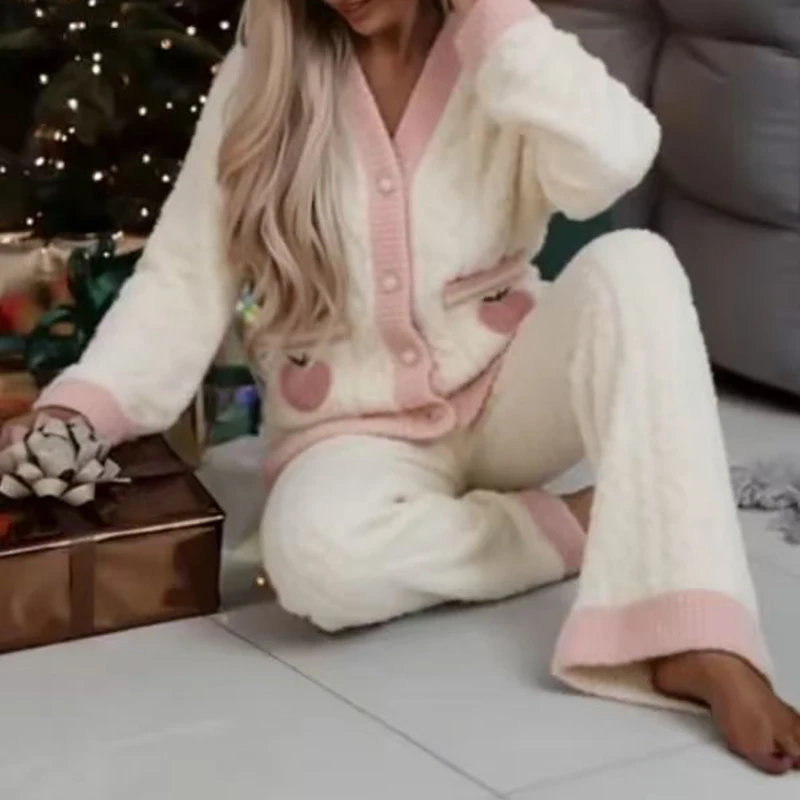 

Повседневный топ и брючный костюм с v-образным вырезом и длинными рукавами, новая домашняя одежда для сна с принтом, осенне-зимний толстый плюшевый женский комплект из двух предметов